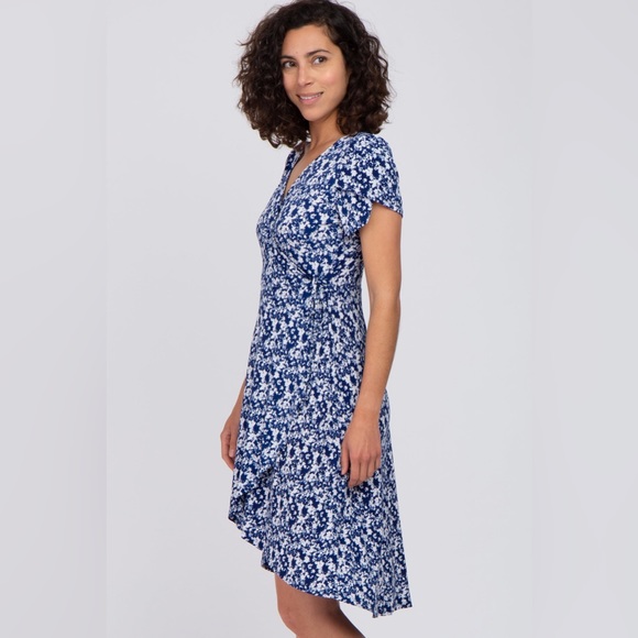 PINKBLUSH l Navy & White Floral High-Low Hem Faux Wrap Dress - Picture 3 of 8